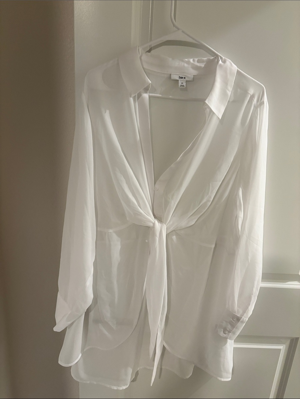 Tie-Front White Sheer Button-Up Blouse